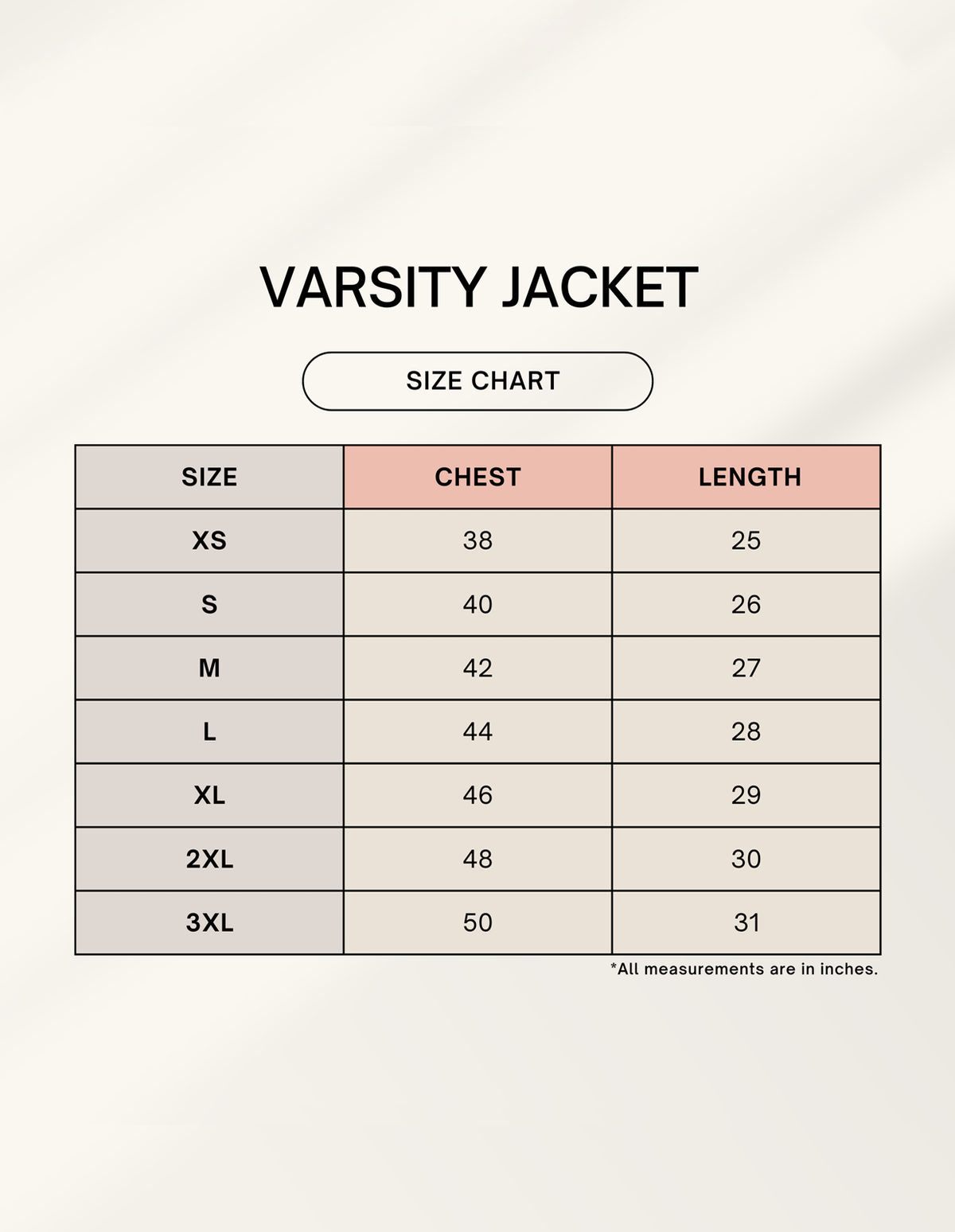 Size Guide for 7∞9 Varsity Jacket