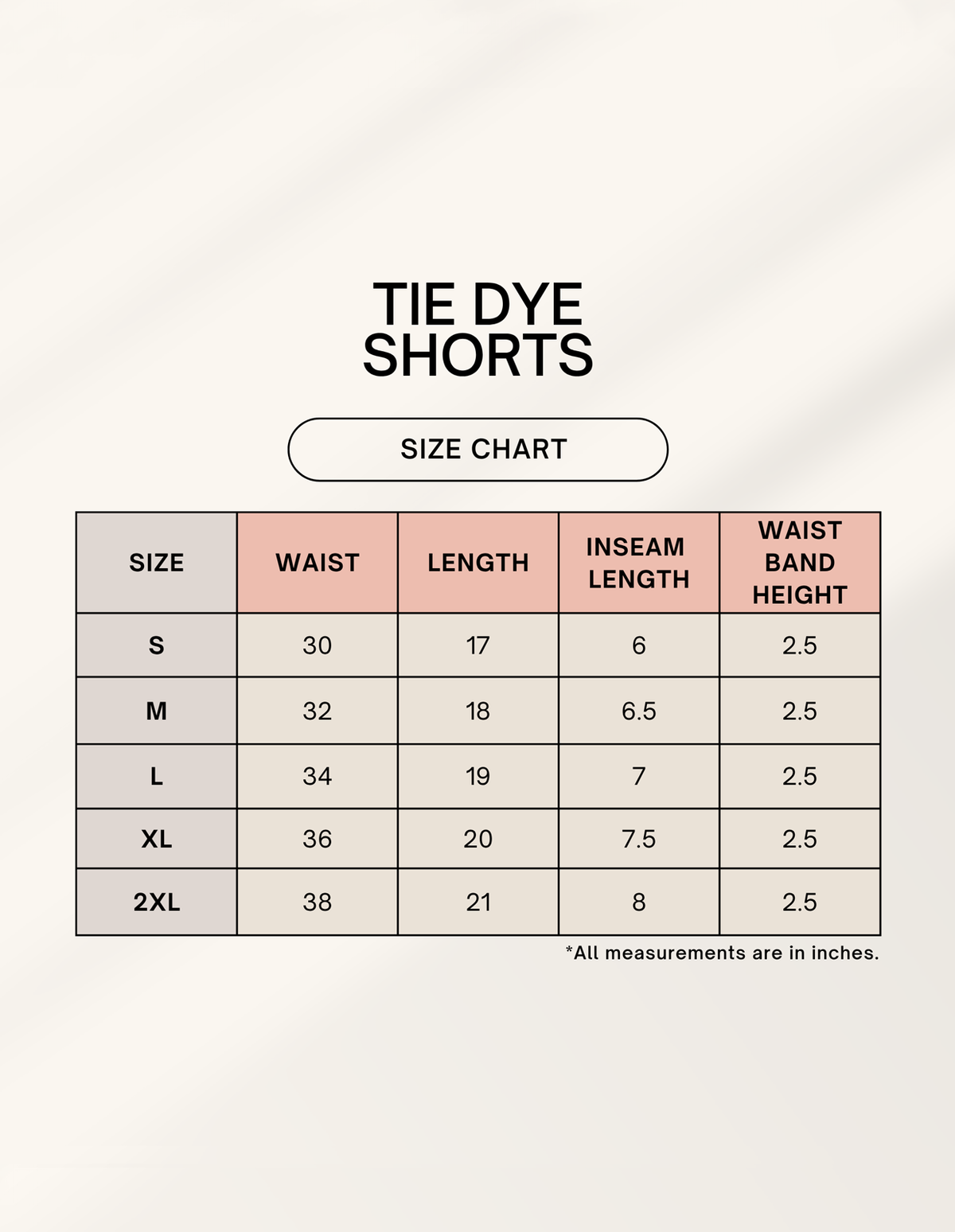 Size Guide for Tie Dye Shorts